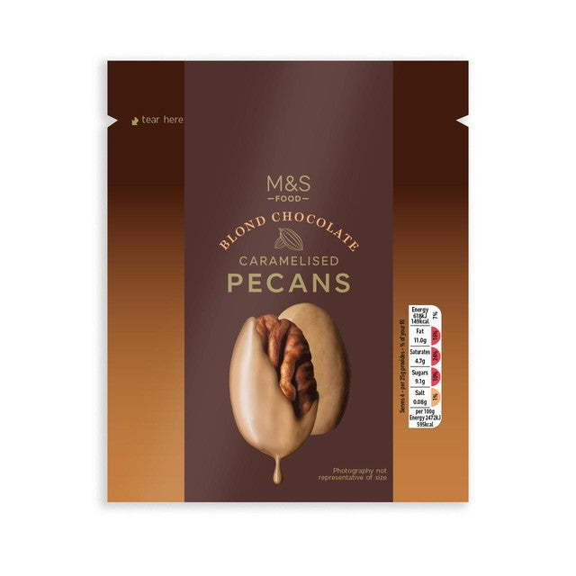M&S Blond Chocolate Caramelised Pecans 100g, imported from the UK