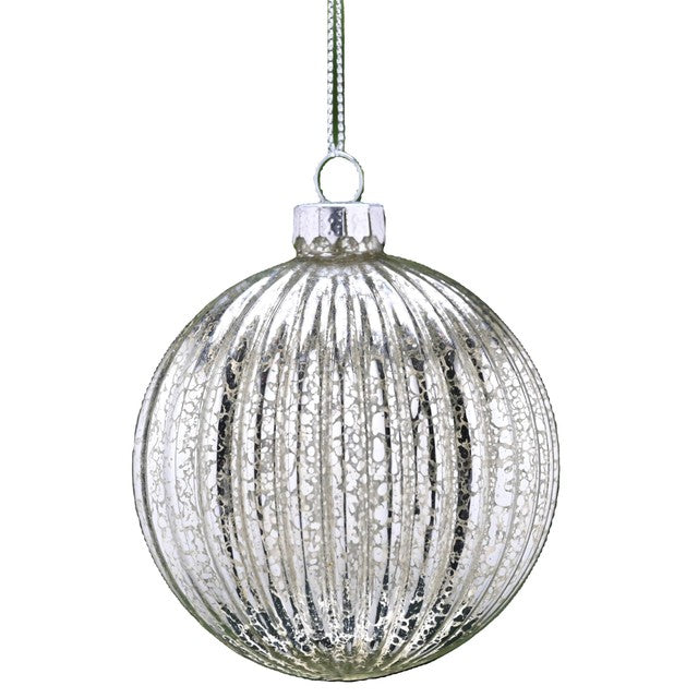 Festive antique silver horizontal ribbed glass bauble 8cm - British product