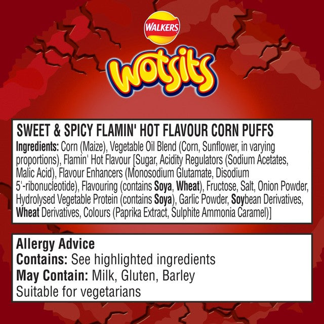 Wotsits Crunchy Sweet & Spicy Flamin' Hot corn puff snacks 140g (British brand)