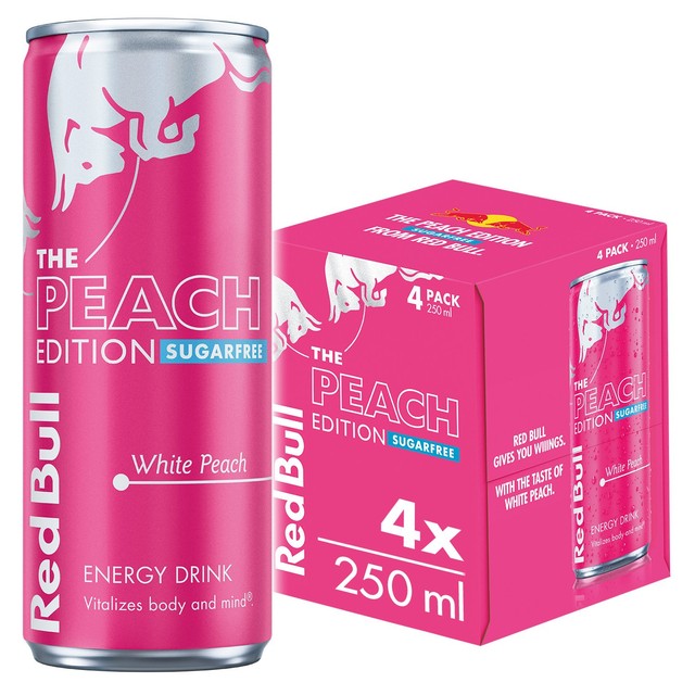 Red Bull Sugar Free Peach Energy Drink 4 x 250ml cans, imported from the UK