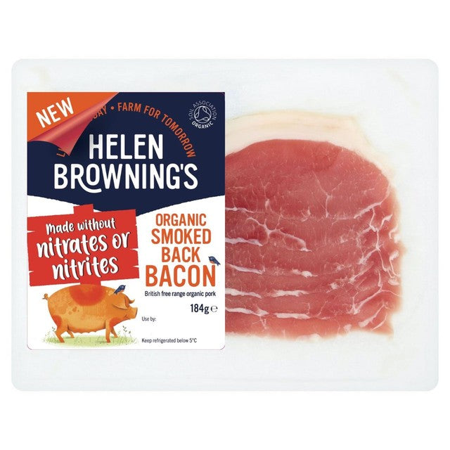 Helen Browning organic smoked back bacon without nitrates 184g, UK version
