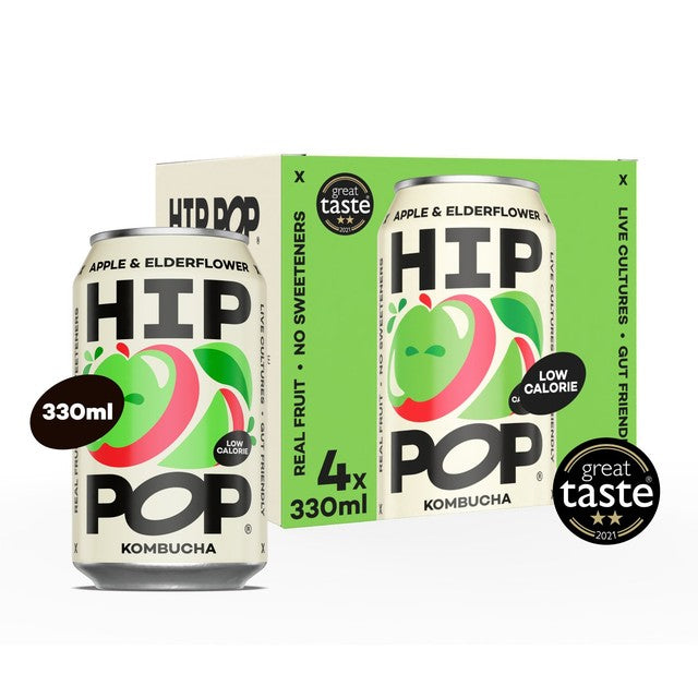 Hip Pop apple and elderflower kombucha drink 4 x 330ml, UK version