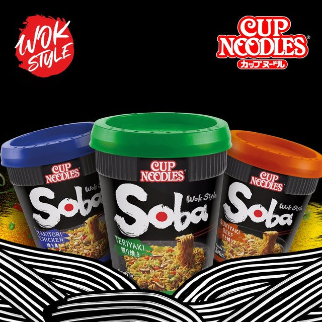 Nissin Soba Sukiyaki Beef flavour instant noodles pot 89g, imported from the UK