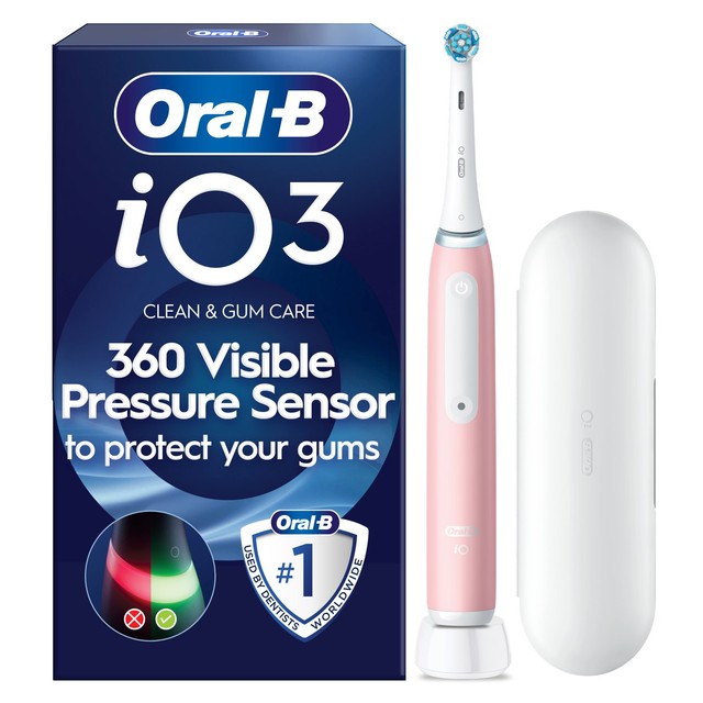 Oral-B iO3 pink electric toothbrush with travel case, imported from the UK