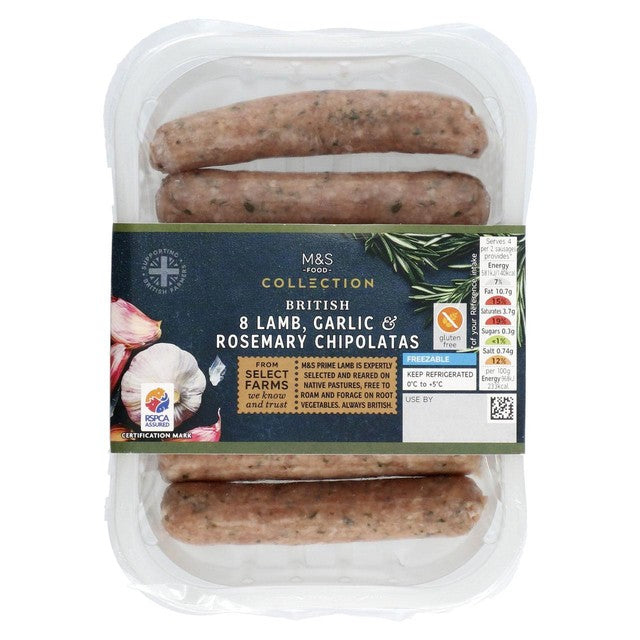 M&S lamb chipolatas with rosemary and garlic 240g, imported from the UK