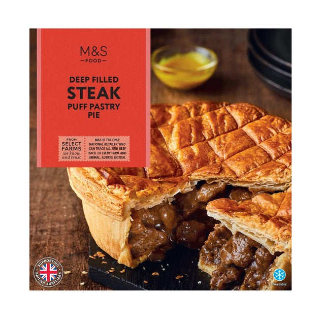 M&S deep filled steak puff pastry pie 550g, imported from the UK
