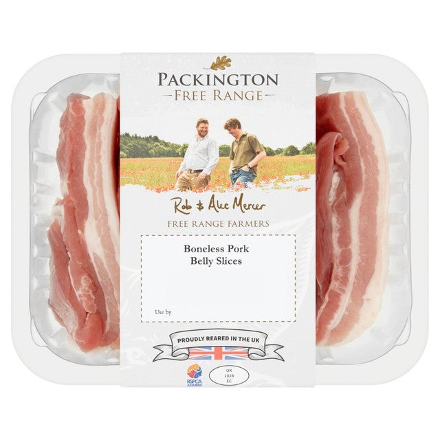 Packington Free Range Pork Belly Slices 450g, imported from the UK