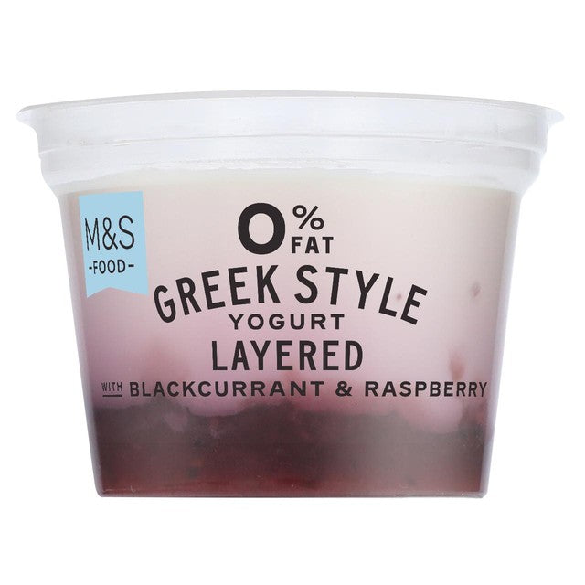 M&S Greek yogurt raspberry blackcurrant 140g, imported from the UK