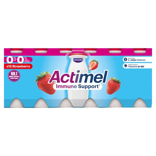 Actimel strawberry fat free yoghurt drink 12 x 100g bottles - British product