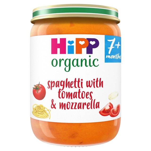 HiPP Organic spaghetti with tomatoes and mozzarella baby food jar 190g, UK version