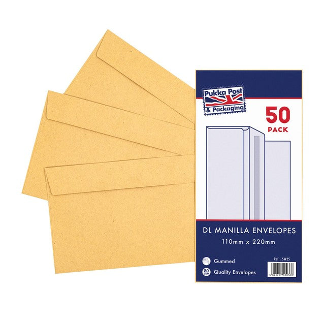 Pukka Pads DL Manilla Gummed Envelopes 50 pack, imported from the UK