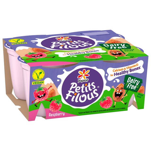 Petits Filous dairy-free raspberry yoghurt pots 4 x 95g, imported from the UK