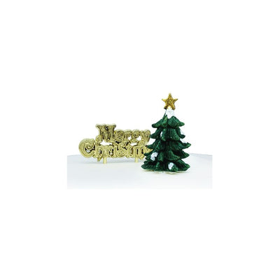 Anniversary House Merry Christmas Green Tree Resin Cake Topper with Motto