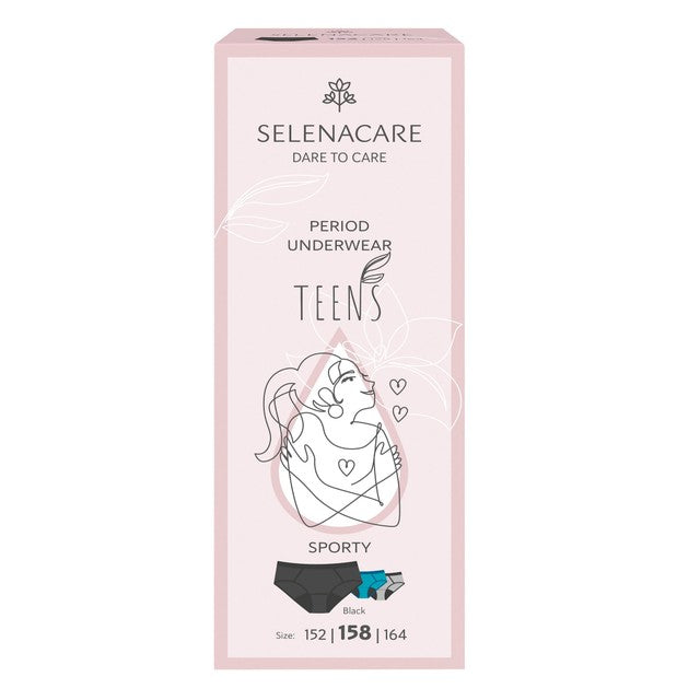 Selenacare teens period knickers sporty black size 12-13 years (British brand)