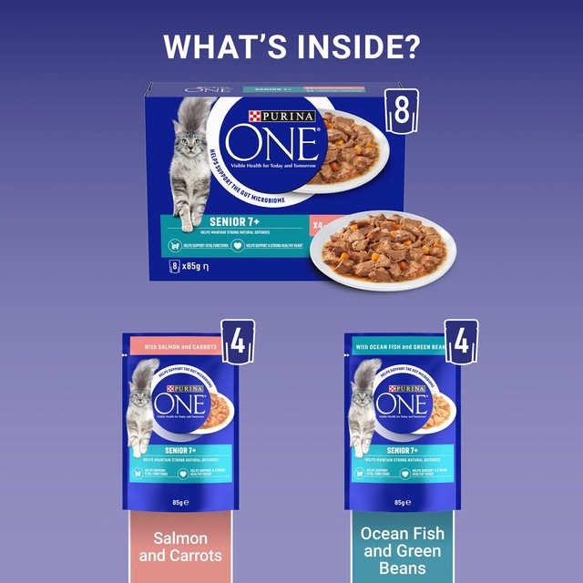 Purina One senior cat food mini fillets with salmon and ocean fish 8x85g pouches, imported from the UK