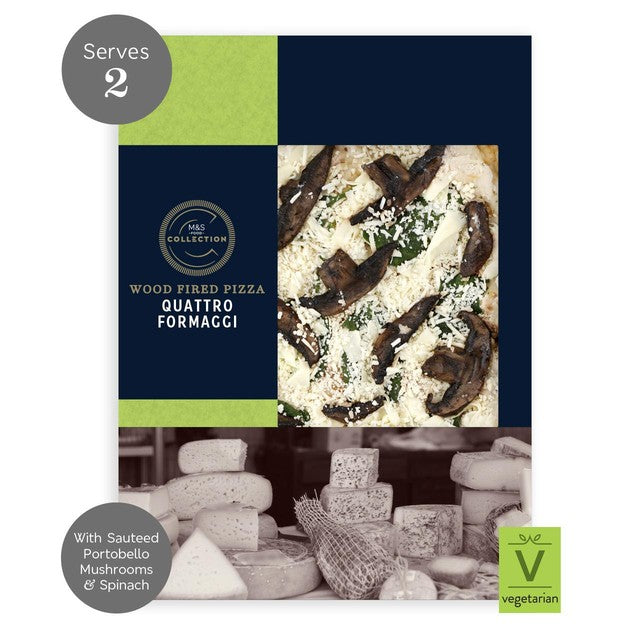 M&S Quattro Formaggi pizza 451g, imported from the UK