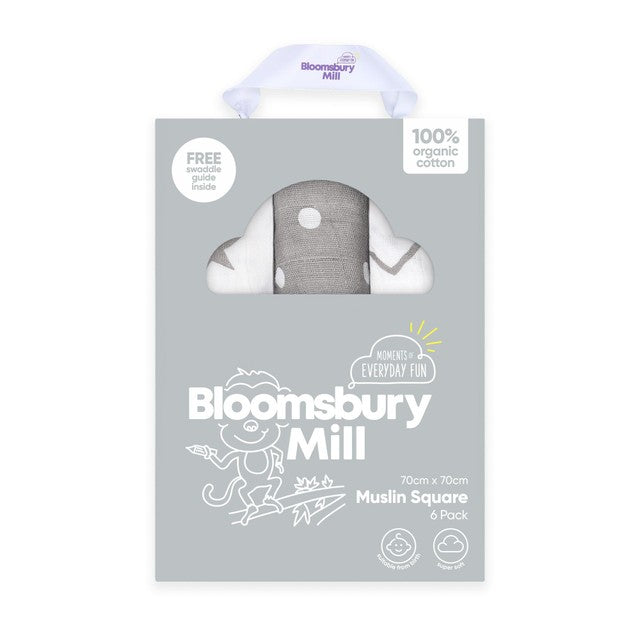Bloomsbury Mill organic muslin squares grey white 6 pack - British product