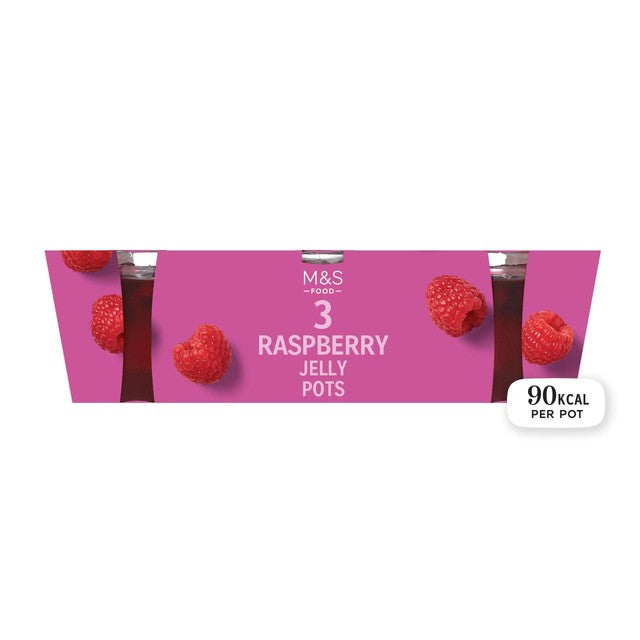 M&S raspberry jelly pots 3 x 150g, imported from the UK