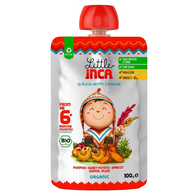 Little Inca Quinoa Happy Orange baby food pouch 100g, UK version