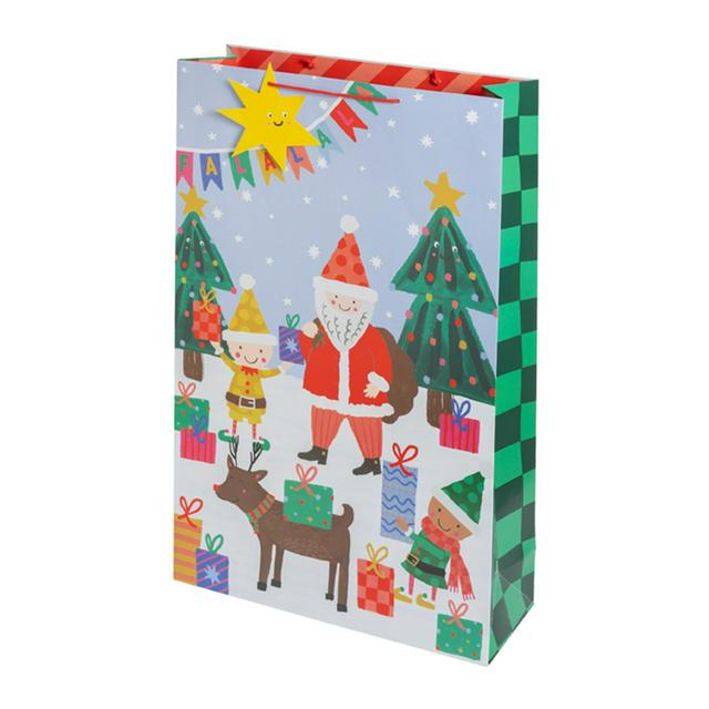 Giant Festive Santa and Elves Snowy Scene Gift Bag with Label