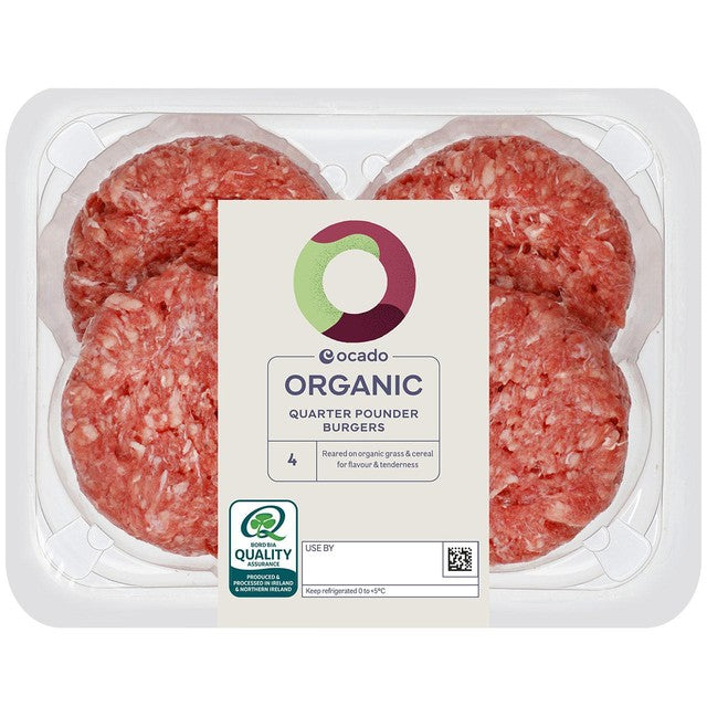 Ocado Organic Quarter Pounder Beef Burgers 454g, imported from the UK