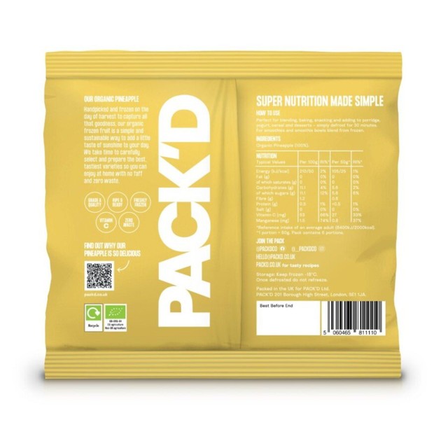 Pack'd organic chopped pineapple 300g, imported from the UK