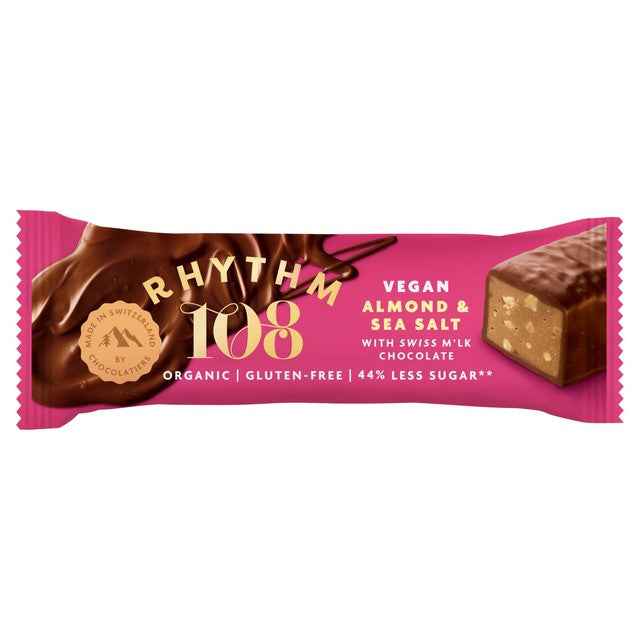 Rhythm 108 vegan almond and sea salt chocolate bar 33g, imported from the UK