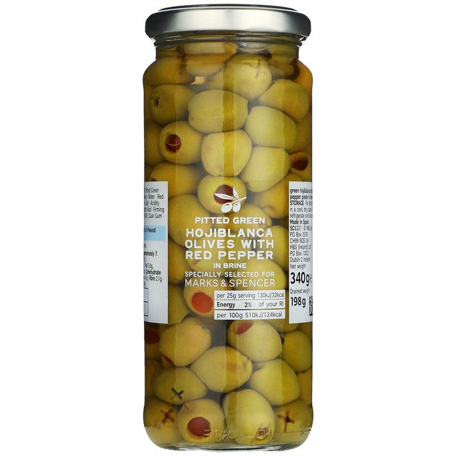 M&S hojiblanca pimento stuffed olives 340g, imported from the UK
