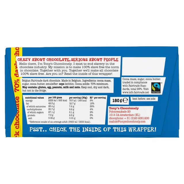 Tony's Chocolonely dark chocolate bar 70% cocoa 180g (British brand)