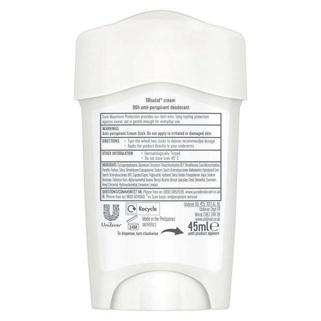 Sure Maximum Protection sports anti-perspirant cream deodorant stick 45ml (British brand)