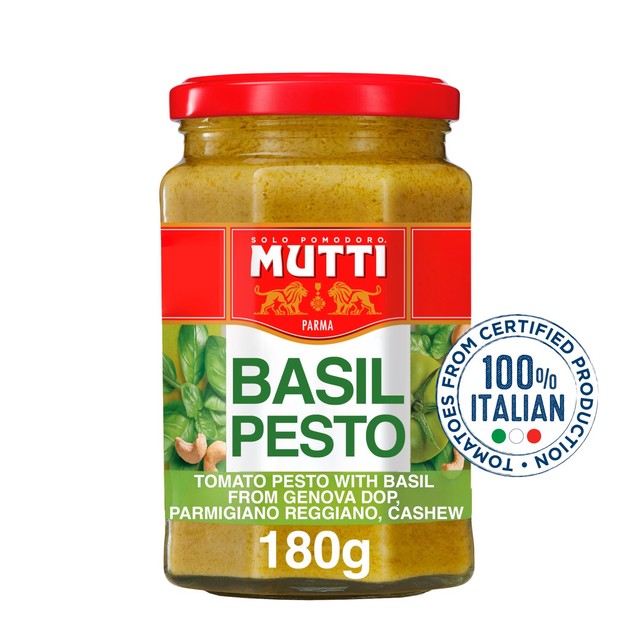 Mutti Basil Green Tomato & Parmesan Green Pesto Pasta Sauce 180g, imported from the UK