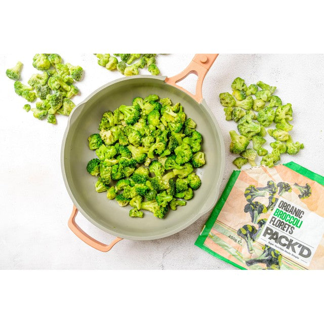 PACK'D organic broccoli florets 450g, imported from the UK