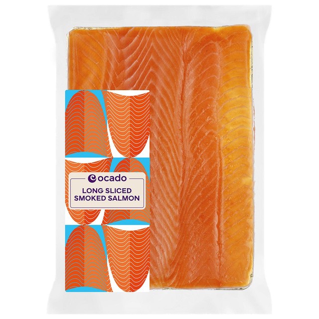 Ocado long sliced smoked salmon 180g, imported from the UK