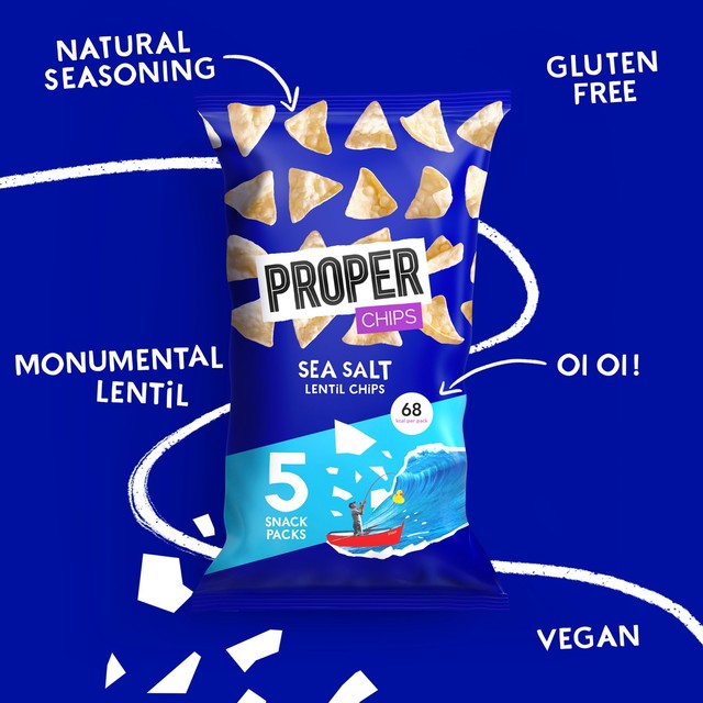 Properchips sea salt lentil crisps multipack, imported from the UK