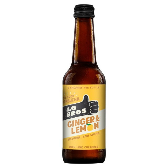 Lo Bros ginger and lemon low sugar kombucha drink 330ml, UK version