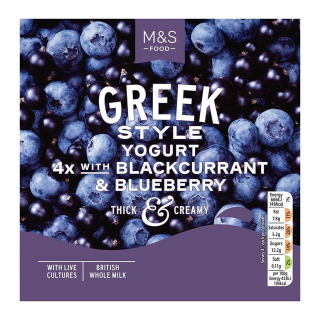 M&S Greek Style Yogurt Blackcurrant & Blueberry 4x140g, imported from the UK