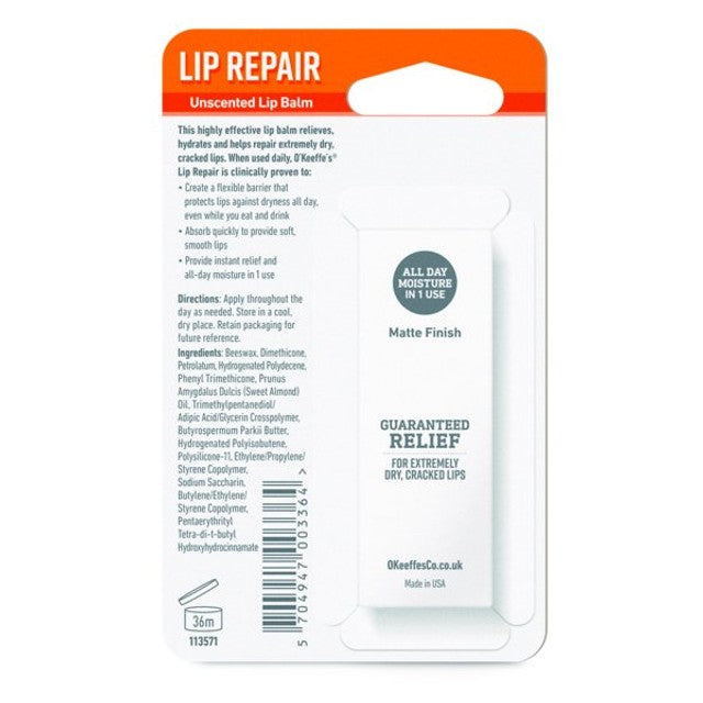 O'Keeffes unscented repair lip balm 4.2g, imported from the UK