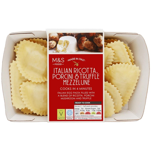 M&S ricotta, porcini & truffle mezzelune filled pasta 250g, imported from the UK