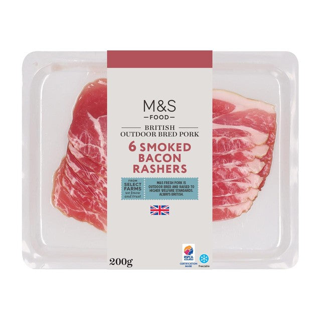 M&S smoked bacon rashers made without nitrates 200g, imported from the UK