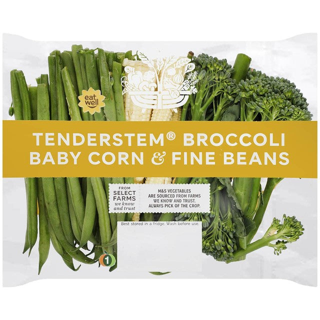 M&S Tenderstem Broccoli Babycorn Fine Bean Mix 225g bag, imported from the UK