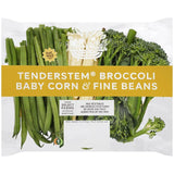 M&S Tenderstem Broccoli Babycorn Fine Bean Mix 225g bag, imported from the UK