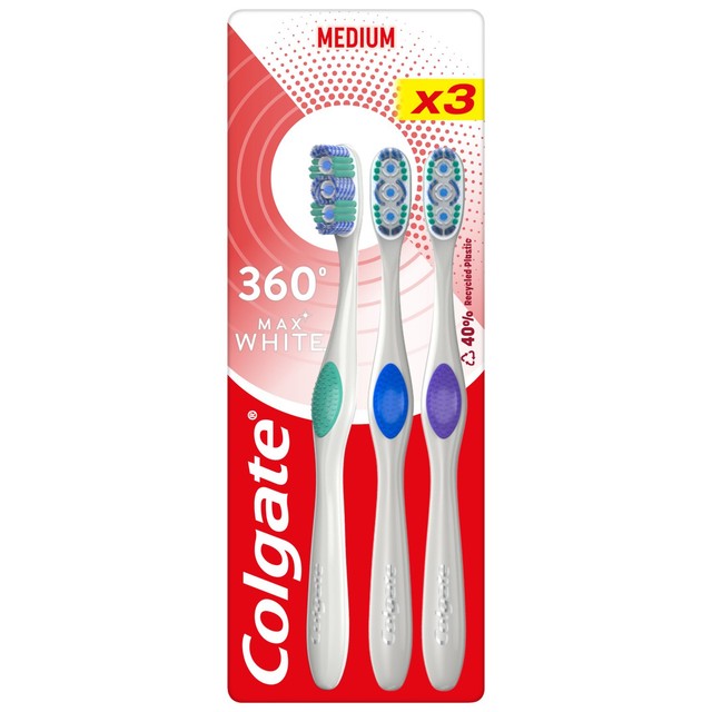 Colgate 360 Max White medium manual toothbrush 3 pack - British product