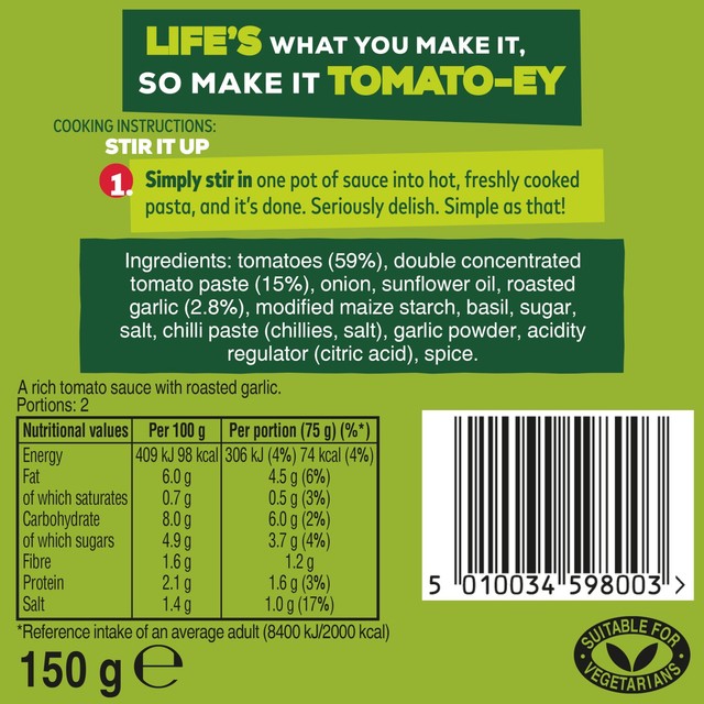 Dolmio Tomato & Garlic Stir-In Pasta Sauce 150g - British product