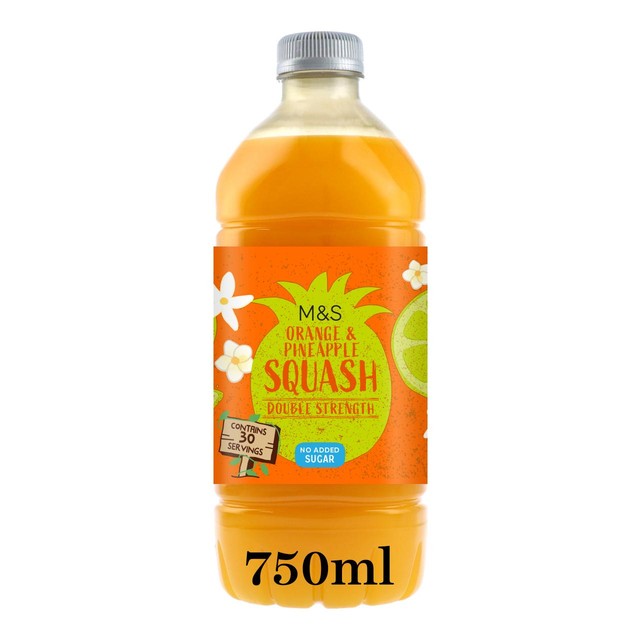 M&S orange and pineapple double strength squash 750ml, imported from the UK
