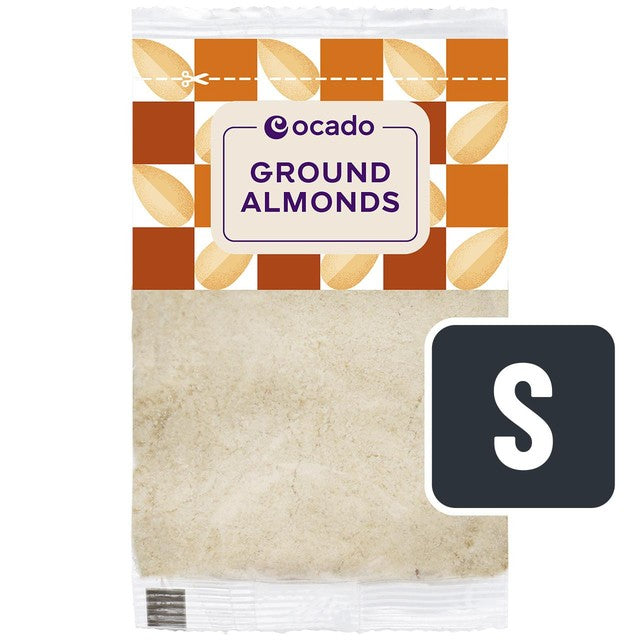 Ocado ground almonds 100g bag packaging, UK version