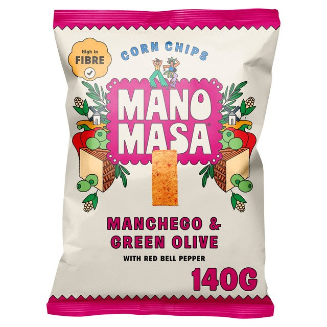 Manomasa Manchego & Green Olive tortilla chips 140g, imported from the UK