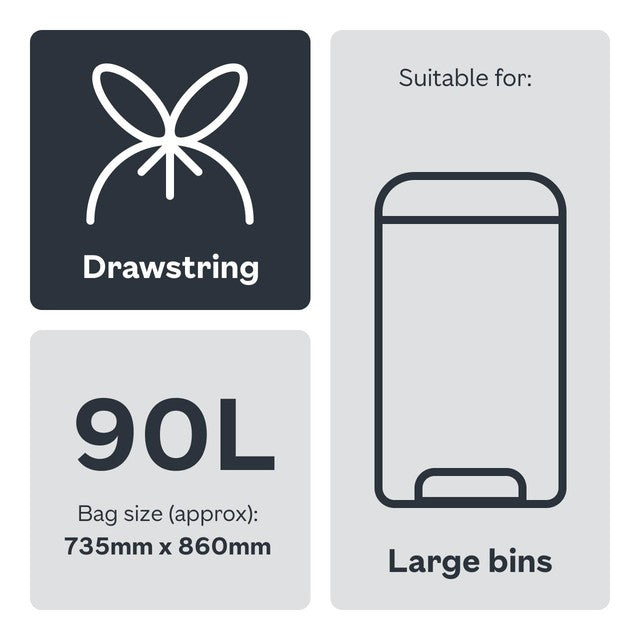 Ocado Large Black Drawstring Refuse Sacks 90L, imported from the UK