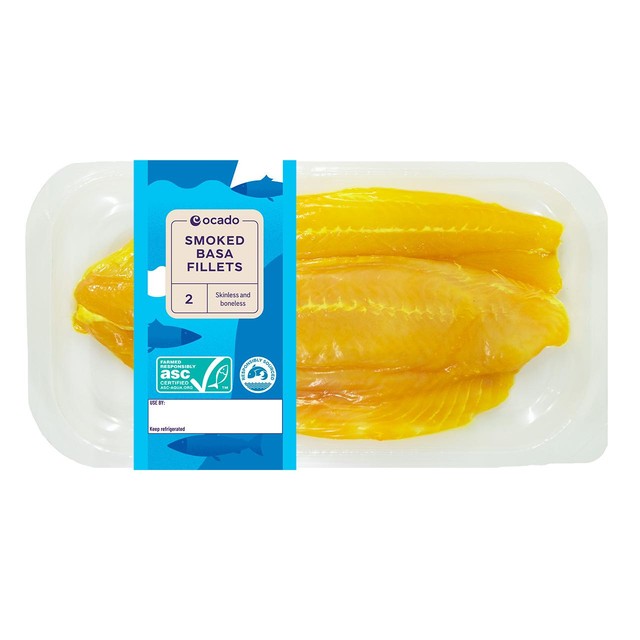 Ocado smoked basa fillets skinless and boneless 240g, imported from the UK