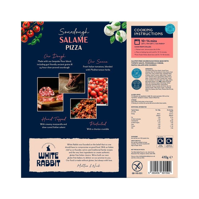White Rabbit gluten free sourdough salame pizza 410g (British brand)