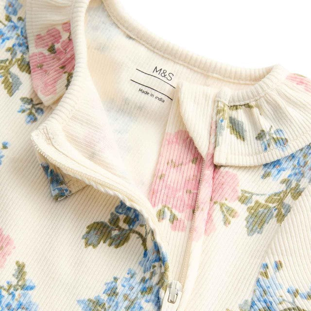 M&S floral frill collar sleepsuit ivory 2-3 Y, imported from the UK